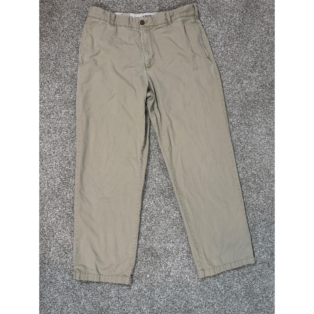 Izod Saltwater Chino Pants Mens 36x32 Khaki Tan Classic Fit Cotton Flat Front